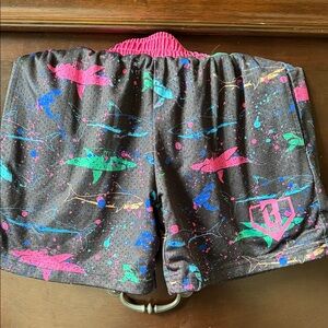Baseball 101Neon Shark Print Athletic Shorts - Black with Pink & Teal